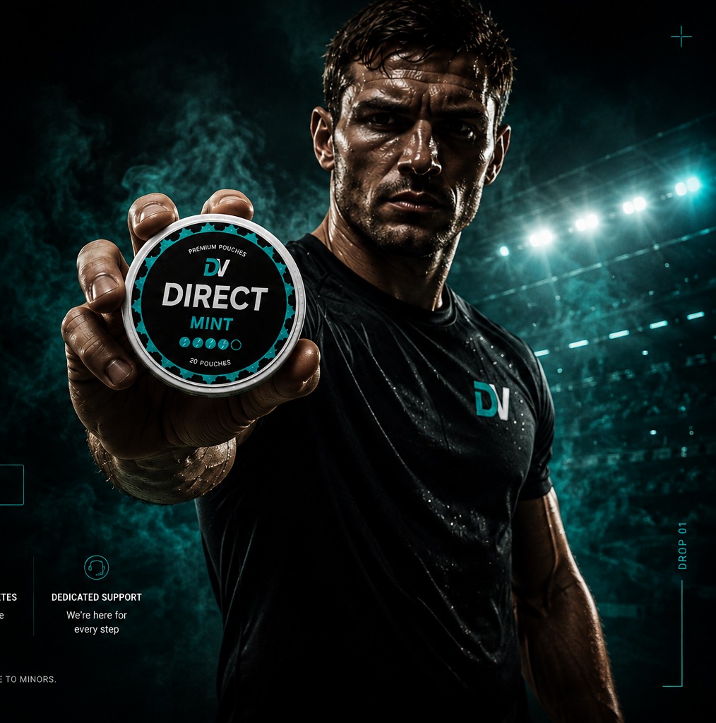 Adult athlete under stadium floodlights holding a Direct Mint nicotine pouch tin