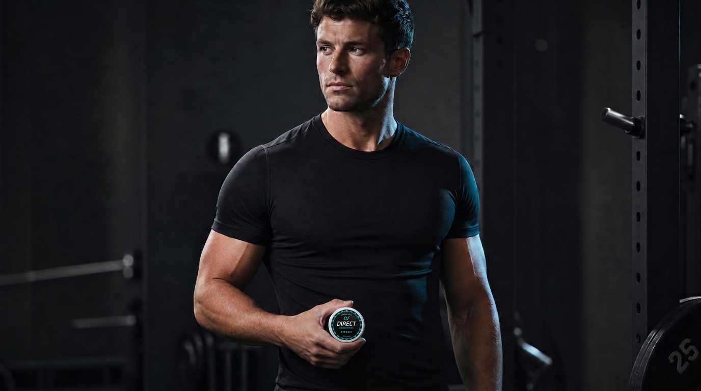 Adult athlete in a dark gym holding a Direct tin